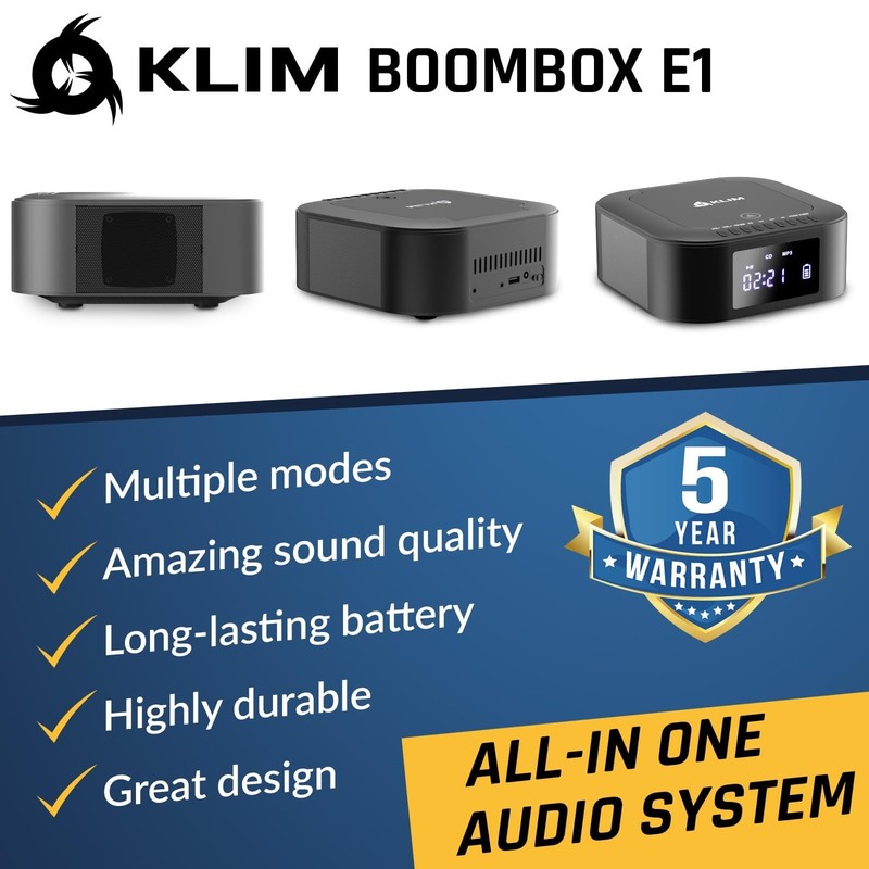 KLIM Boombox E1 with CD case - CD Player Portable Audio System + Extra BASS w... gallery