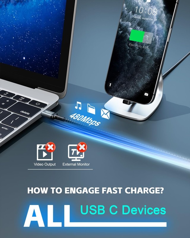 USB to USB Cable 6ft, 60W Charger Fast Charging, Nylon Braided Right Angle US... gallery