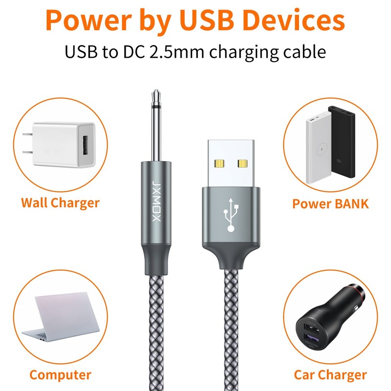 JXMOX USB Charger Cord 2.5mm, (2-Pack 3ft) Replacement DC Charging Cable (Grey) gallery