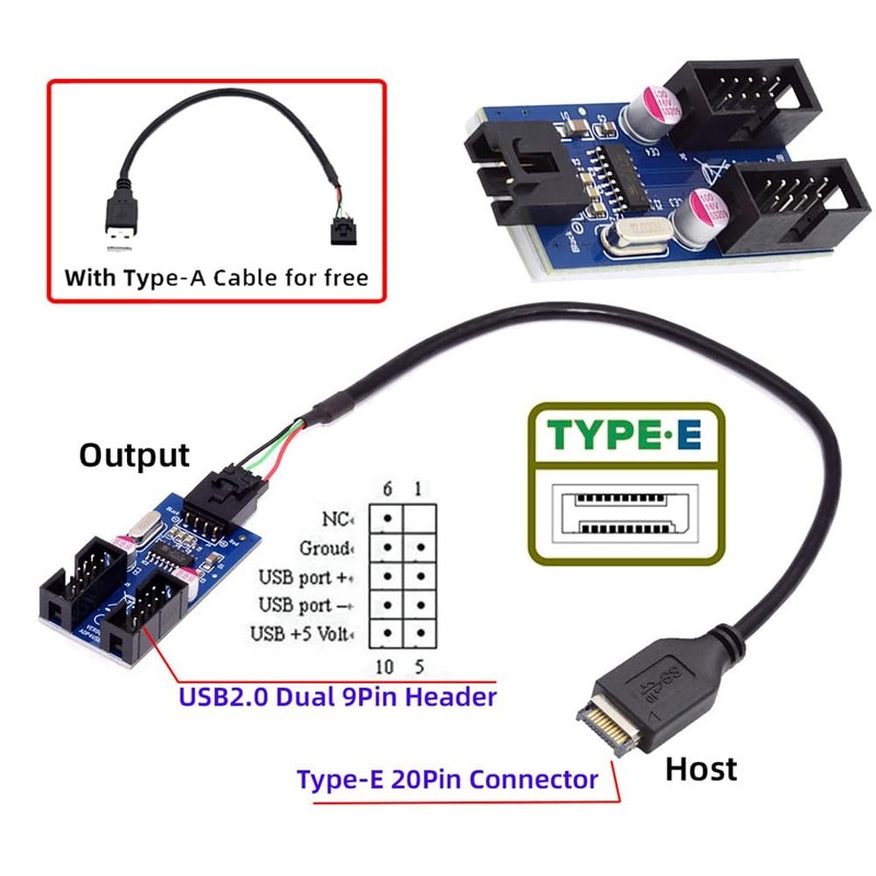 USB 3.1 Front Panel Header Type-E to 4pin IDC, USB-A, 9pin HUB Adapter, 1 to 2 gallery