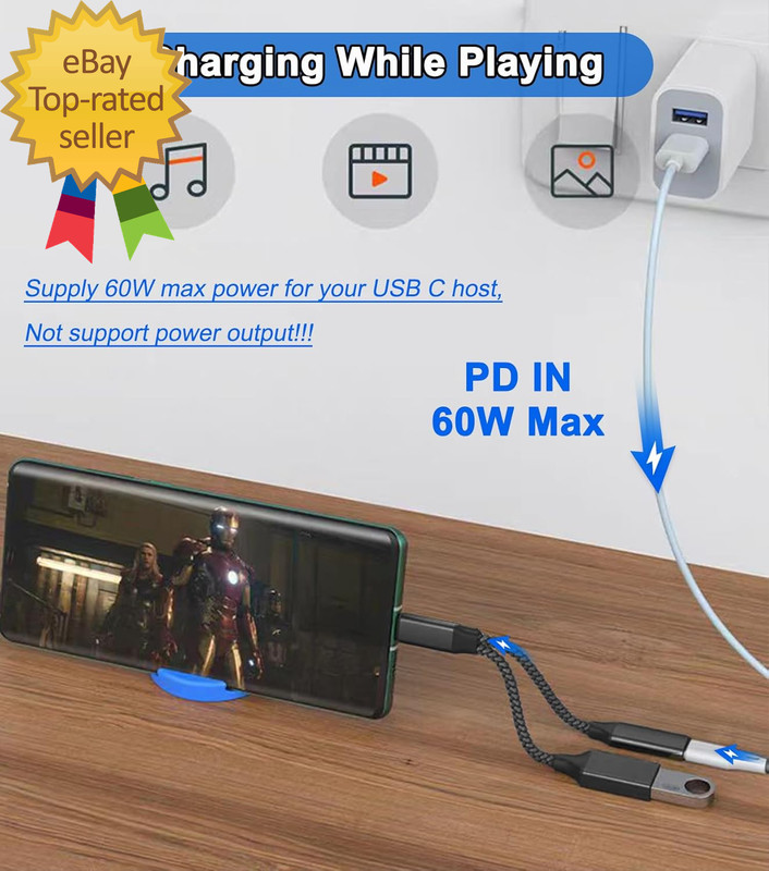 AKWOR USB C to USB OTG Adapter, 2 in 1 USB C Splitter with Pd-In 60W Charging Po gallery