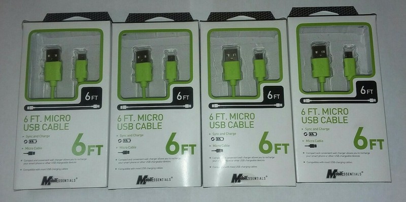Lot of 8 MOBILESSENTIALS 6ft Sync & charge Cable micro-USB Phone Charger Cable