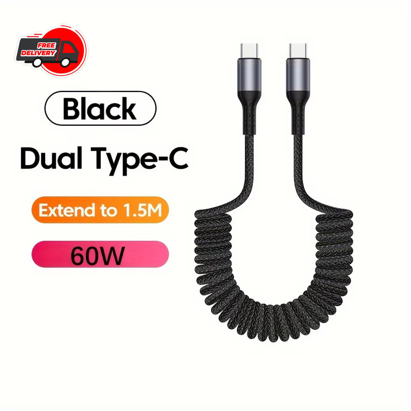 100W Fast Charging Type C Car Spring Cable USB C Data Wire For Samsung Xiaomi 15