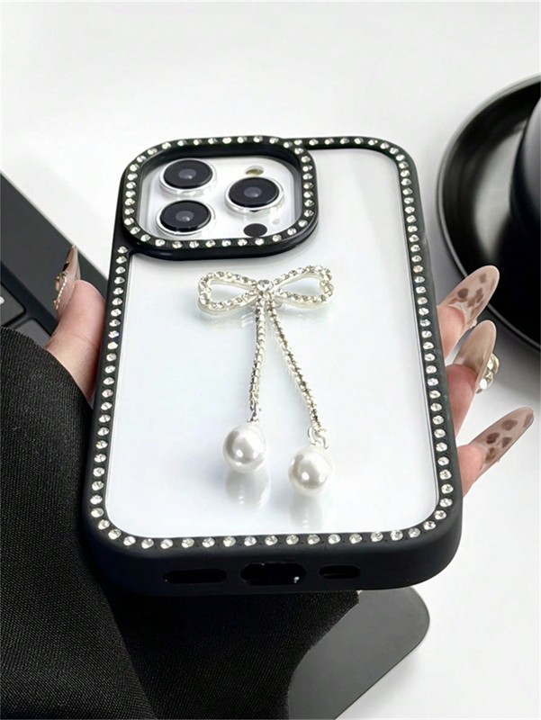 Clear Rhinestone Pearl Bow Phone Case – Shockproof Cover for iPhone 12–16 Pro... gallery