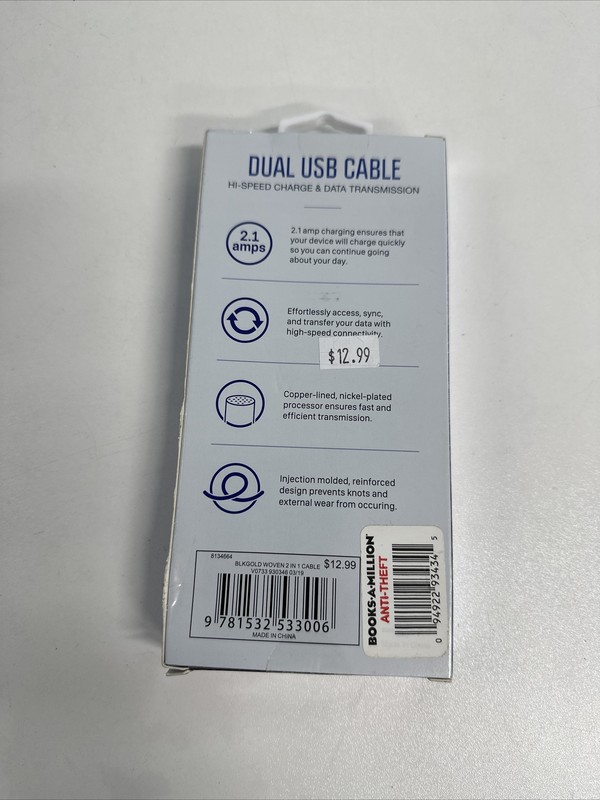 Dual USB Cable Hi Speed Charge Data Transmission Gold/Black NEW box $12.99 gallery