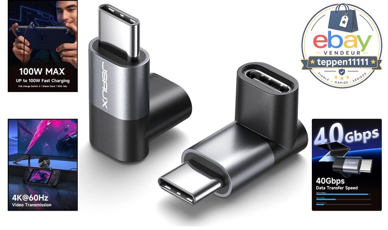 90 Degree USB C Adapter 2-Pack, 100W 40Gbps, Right-angle Design gallery