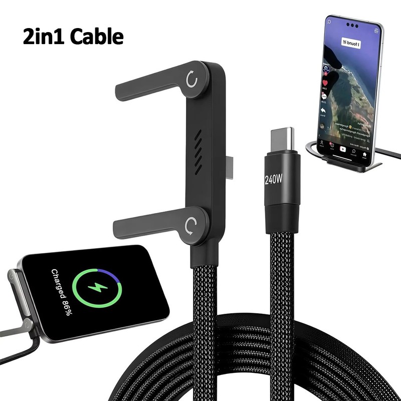 2in1 240W Fast Charging Cord For iPhone 17/16/15 Samsung S26 Phone Stand Holder