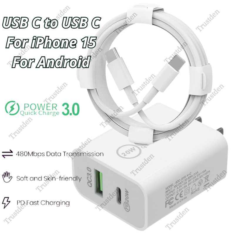 For iPhone 15 16 Android 20W USB C Fast Charger Block Type C Cable Power Adapter