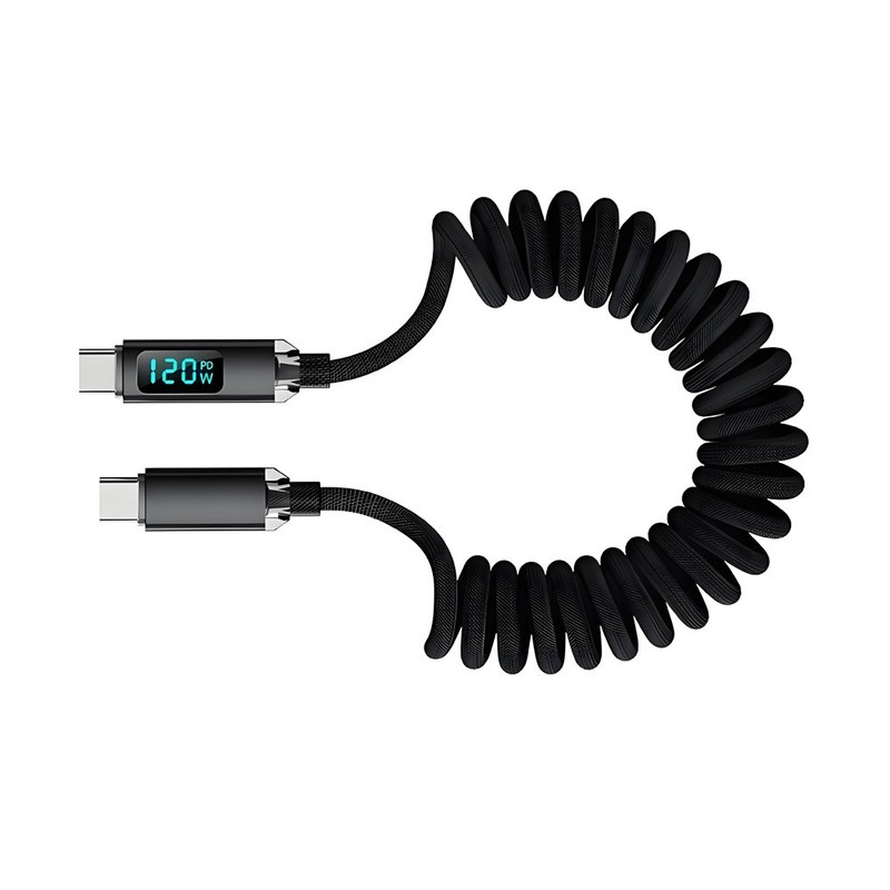 PD 120W 2.0 USB Male to Type-C Spring Coiled Data Charging Cable Digital Display gallery