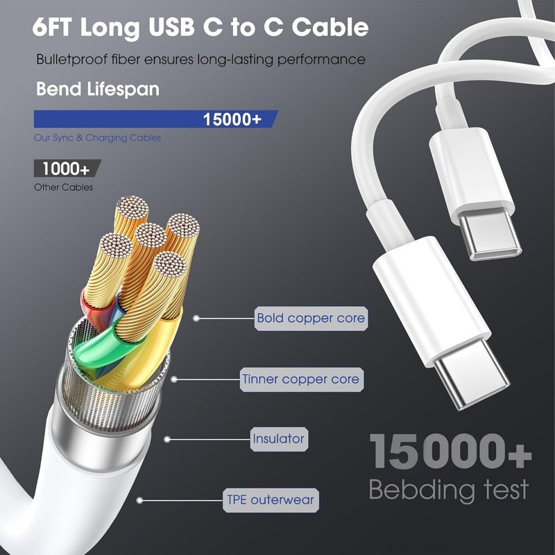 Bulk Lot 3/6FT Type USB-C to USB-C Cable 60W Fast Charging PD Cord Rapid Charger gallery
