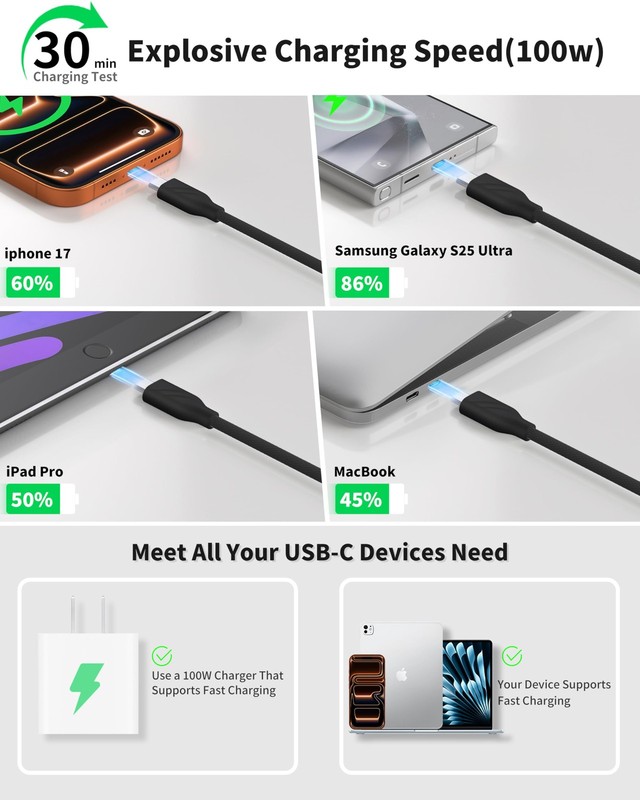 USB C to USB C Cable, 10ft, 100W PD 5A Fast Charging Cord, Nylon Braided Type... gallery