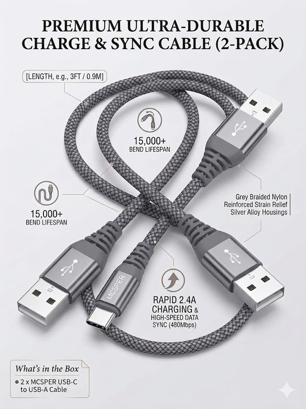 Short USB Type C Cable (2-Pack 1ft), USB A to USB C 3.1A Fast Charging Charger gallery