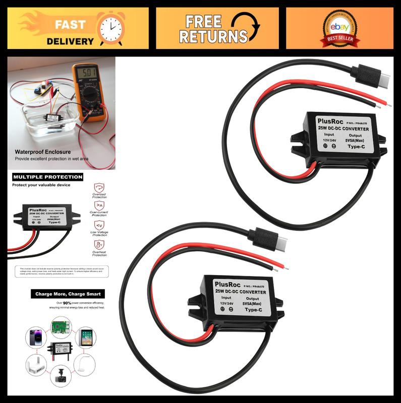 Waterproof 12V/24V to 5V 5A Step Down Converter USB-C Power Adapter for Raspberr