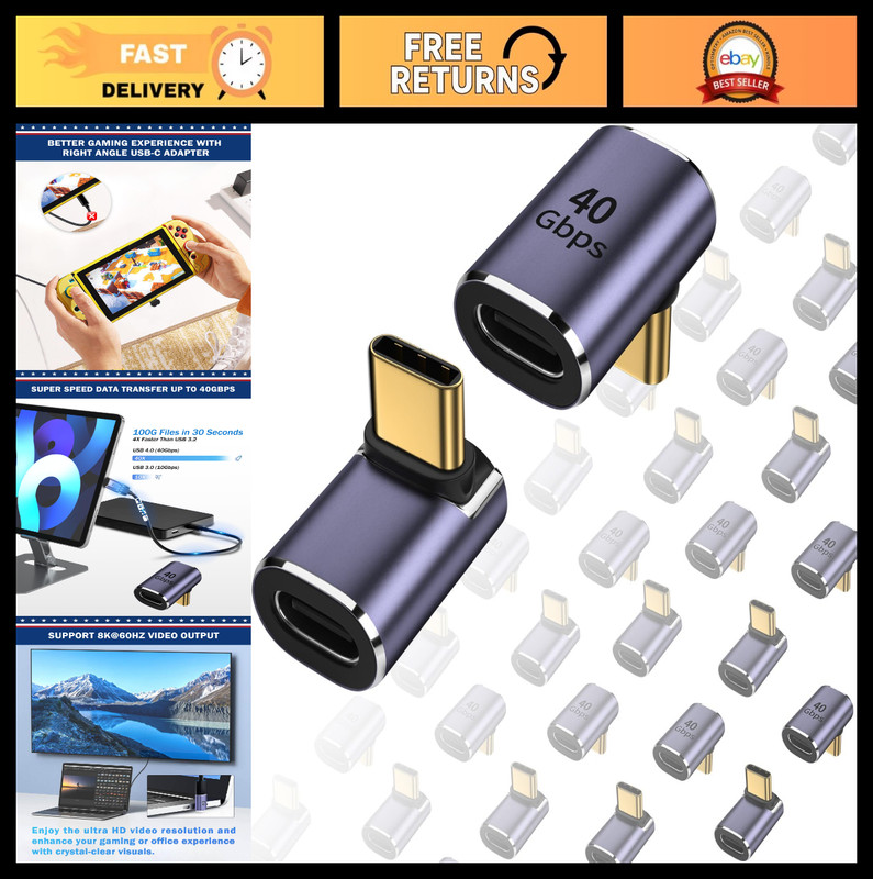 90° USB C Right Angle Adapter 40Gbps Data Transfer Type C Male to Female Connect