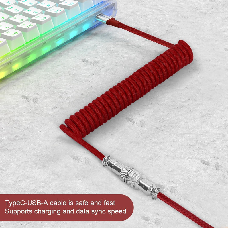 USB C to A Coiled Keyboard Cable Red, Detachable Spiral Wired, Extendable Spring gallery