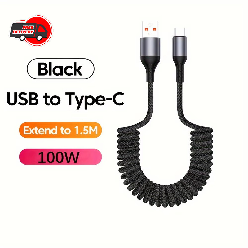 100W Fast Charging Type C Car Spring Cable USB C Data Wire For Samsung Xiaomi 15 gallery