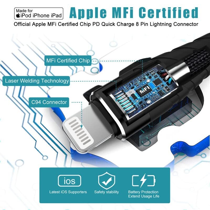 3Pk 10ft 20W USB C to L.ightning Cable Nylon Braided for iPhone 14 13 12 11/Mini gallery