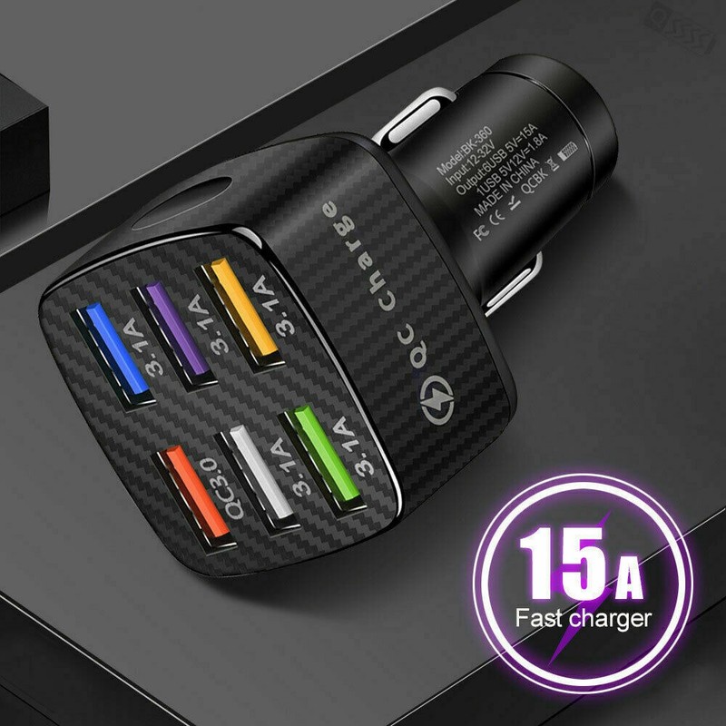 6 USB 15A QC3.0 Car Charger Cigarette Lighter Slot Super Fast Charging Adapter a gallery