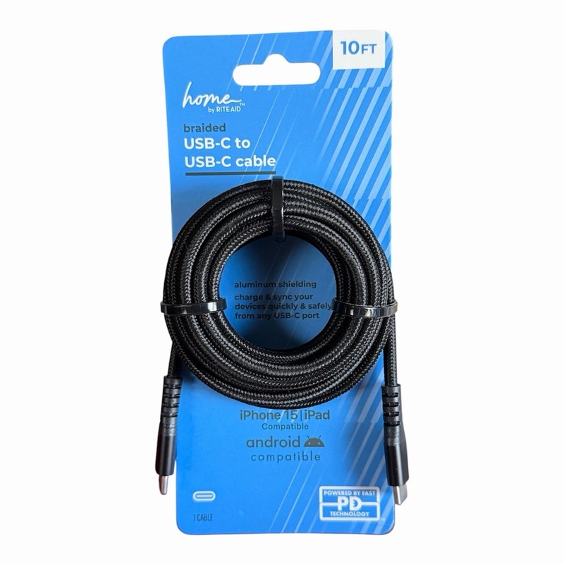 Home Brand Braided USB-C to USB-C Cable 10 ft (3m) Fast Charging Black NEW