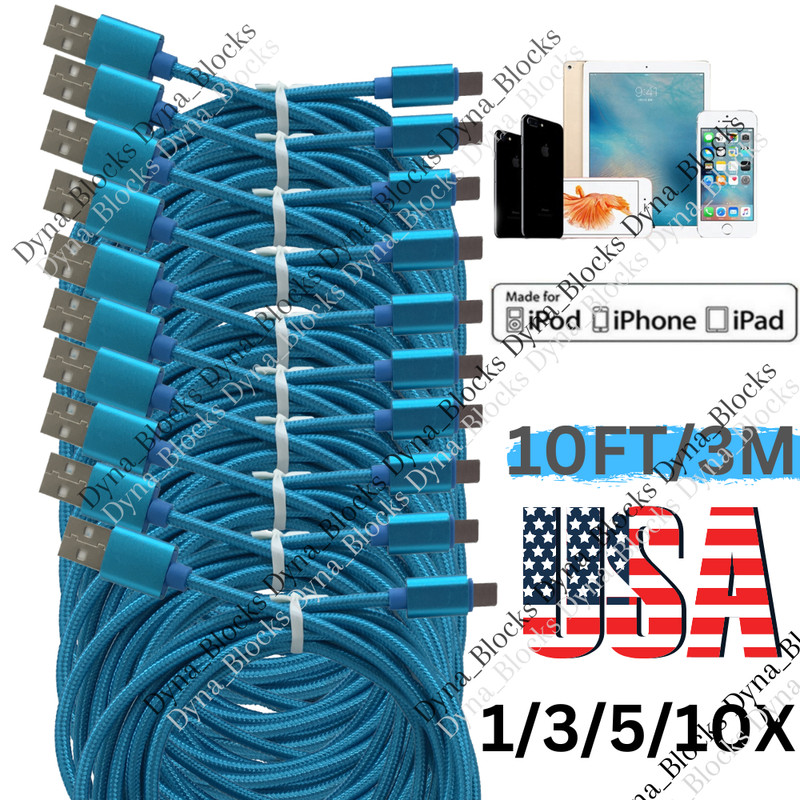 10Ft Braided USB Cable Fast Charging For Apple iPad iPhone 14 13 12 Charger Lot