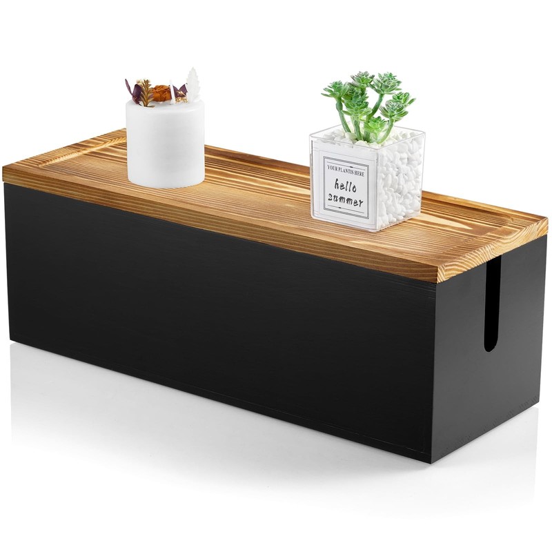 Bivvclaz Large Cable Management Box, Wooden Cord Organizer Box Large, Black