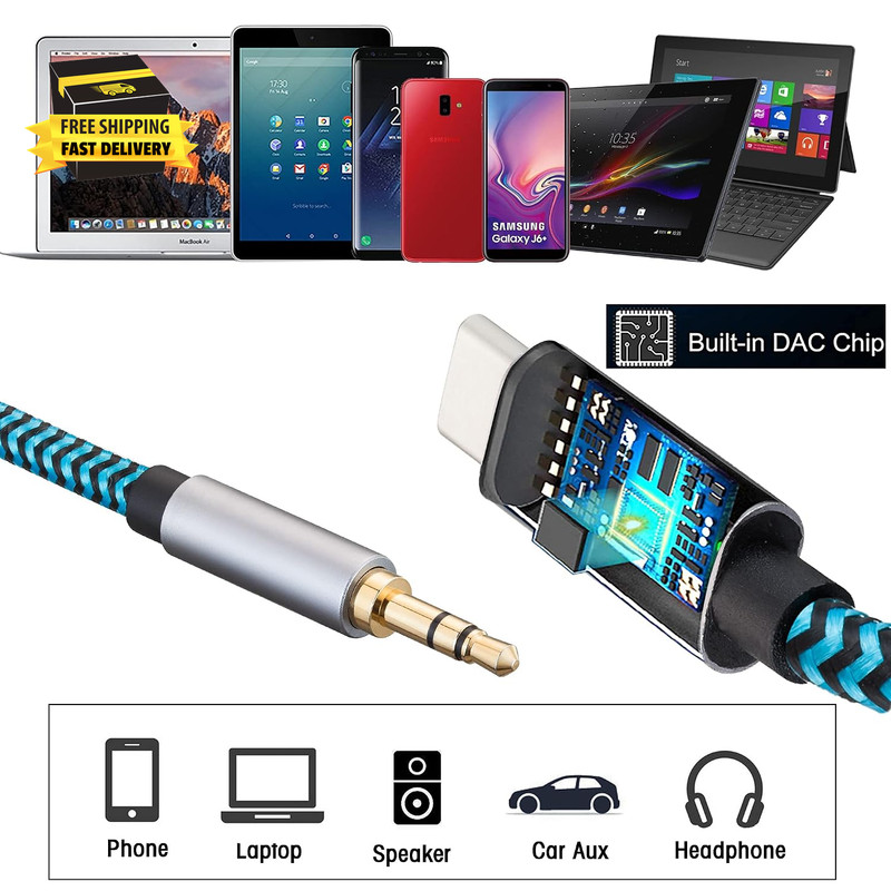 Aux to USB C Cable, 4Ft Nylon Braided Type C to 3.5Mm Audio Cord for Car Stereo, gallery