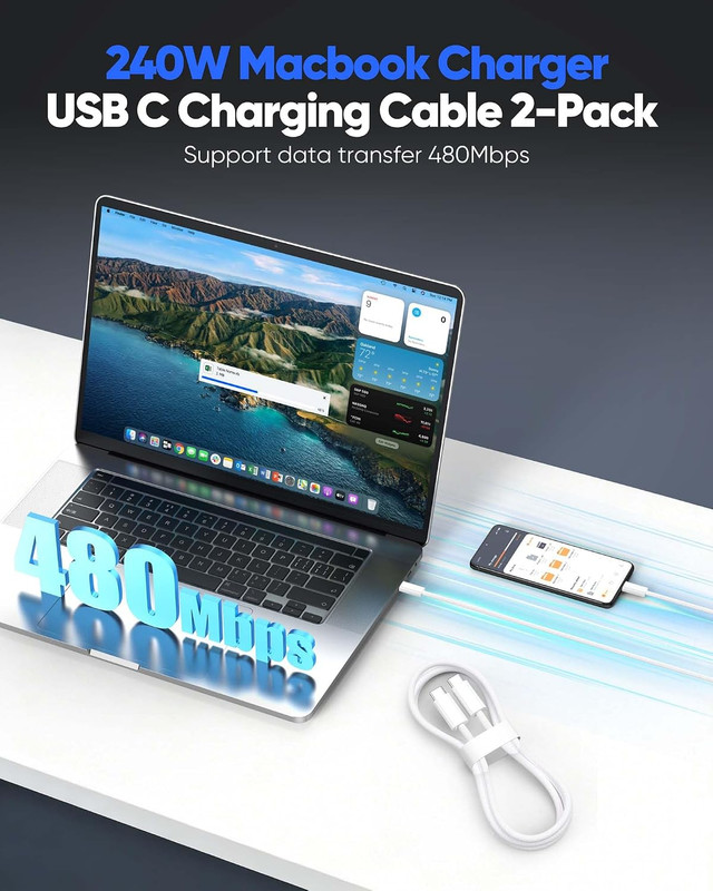 240W USB-C Charge Cable 2M 2-Pack,[Soft & Flexible Braided] 6.6 FT USB C Cable gallery