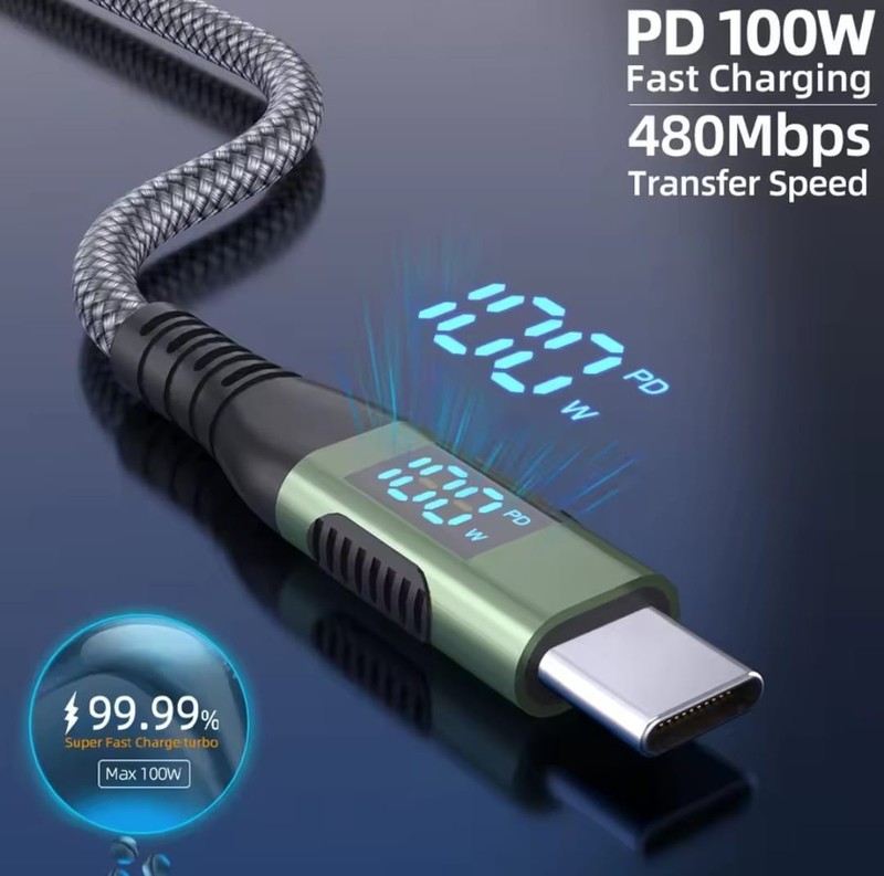 100W USB-C PD Fast Charging Cable 5A LED Display Nylon Braided MacBook iPhone