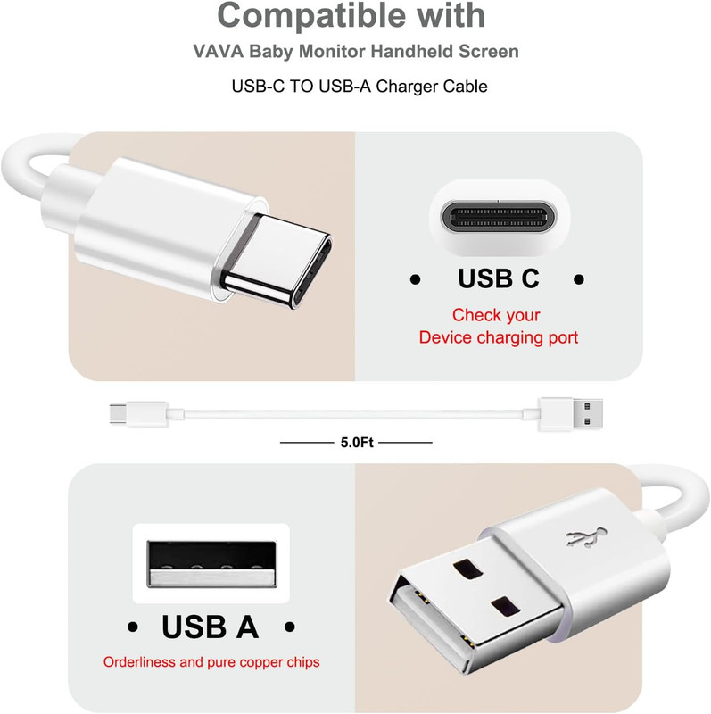USB C Power Cord 5V Charger for VAVA Baby Monitor Handheld Screen Adapter 5Ft Ch gallery