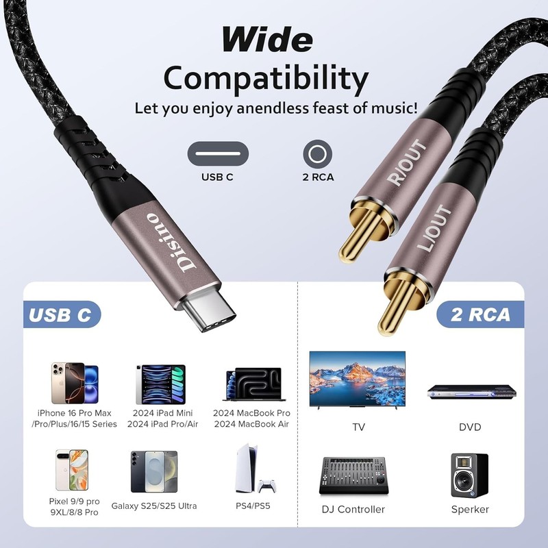 3.3ft USB C to RCA Audio Cable – Plug & Play, Tangle-Free Convenience gallery