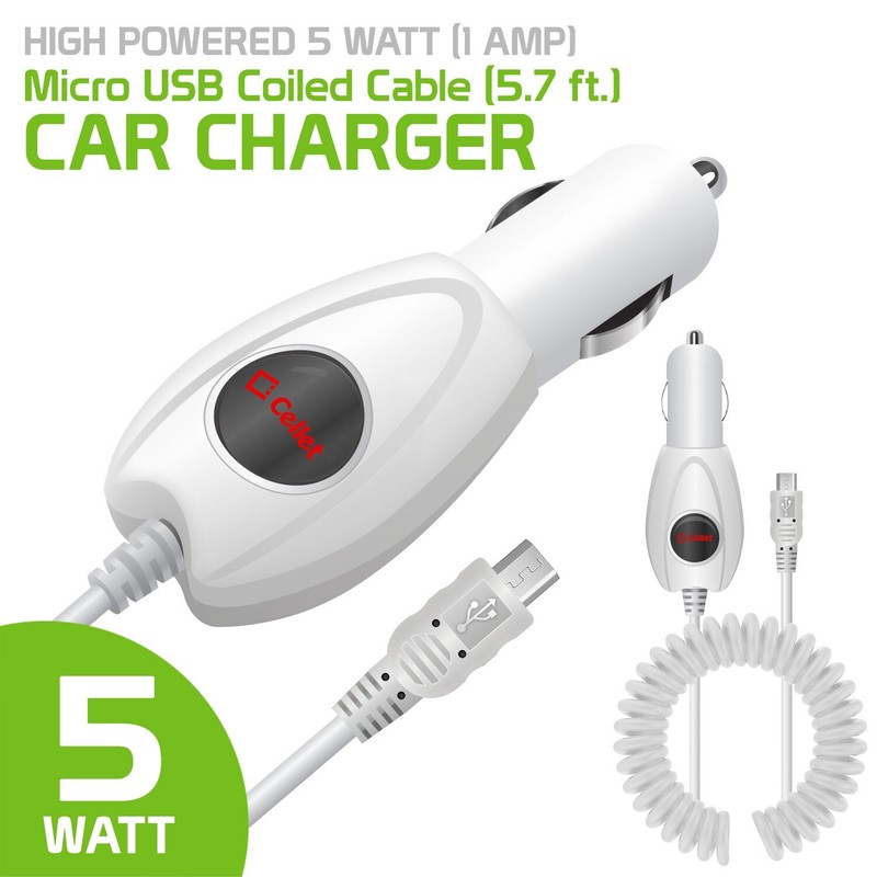Micro USB Coiled Cable (5.7 ft.) Car Charger, High Powered 5 Watt (1 Amp)