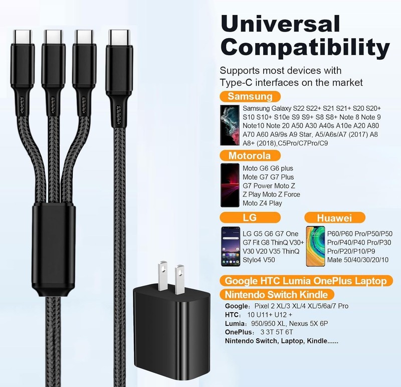 20w USB-Power Adapter Plug 6ft Multi Charger Cable Splitter 1 in 3 Out Fast C... gallery
