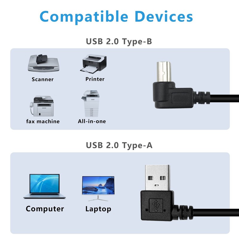 90 Degree Short USB Printer Cable 25CM Right Angle USB 2.0 A to Left and Righ... gallery