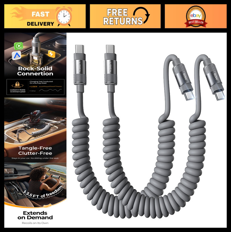 Coiled USB C Cable 2 Pack – 60W Fast Charging Type C to C Cable, Durable & Flexi
