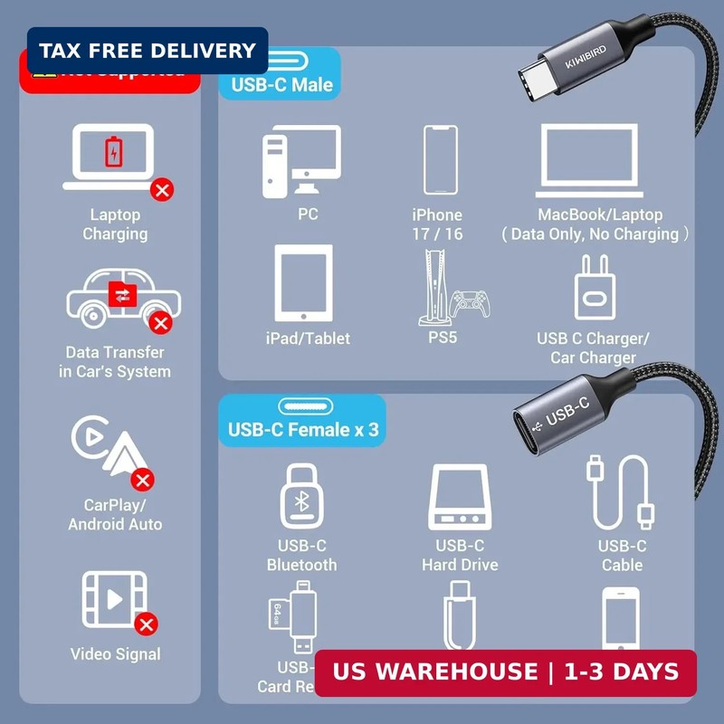 KiwiBird USB C Splitter 1 in 3 Out, USB Type C Splitter, USBC Male to Multi Type gallery