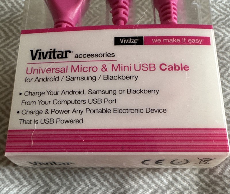 Pink Vivitar Universal Micro & Mini USB Cable Android Samsung And BlackBerry gallery