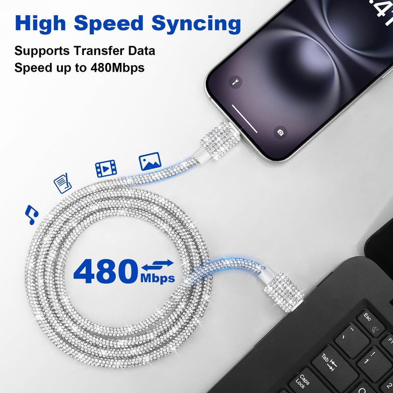USB Cable for iPhone 17 Charging Cord, Fast Charging Cable Bling Sparkling Di... gallery