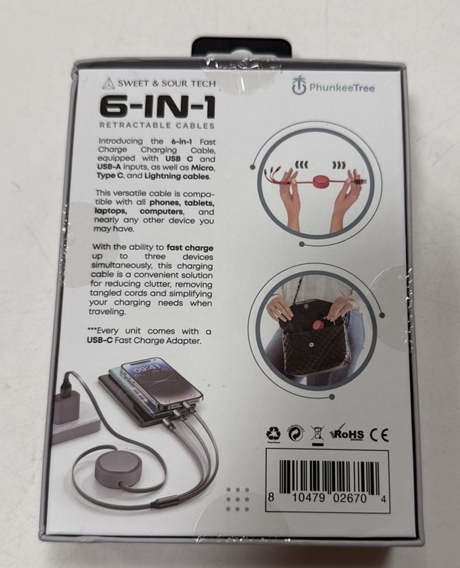NEW WHITE 6-In-1 Retractable Cable SWEET SOUR TECH W/ FAST CHARGE ADAPTER gallery