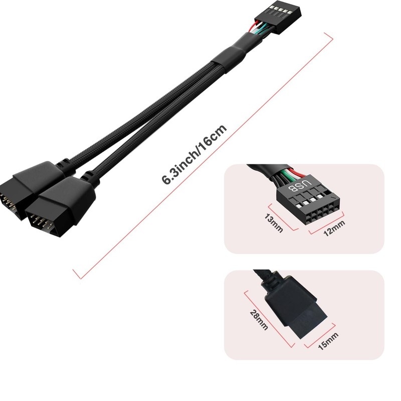 2 Packs Motherboard USB 2.0 to Dual 9 Pin Extension Cable Splitter Braided gallery
