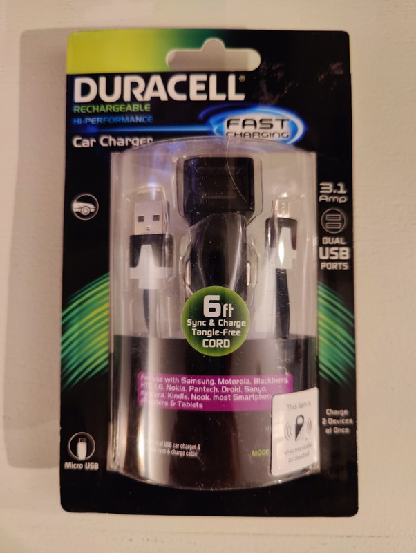 Duracell Car Charger~6 ft Sync & Charge Cord~3.1 Amp Dual USB Ports NEW
