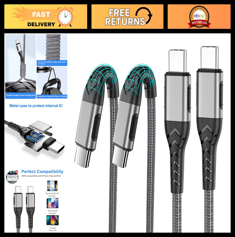 10ft USB C Charger Cable 2-Pack – 100W Fast Charging for Android/iPhone/Pad