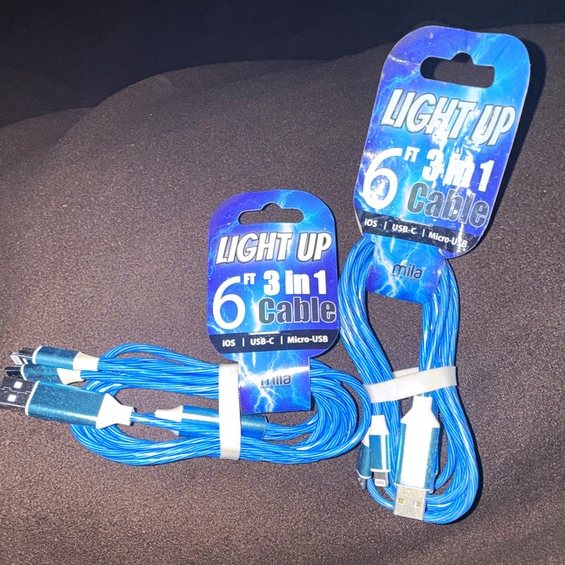 mila 6 ft 3-in-1 Braided LED Charging Cable USB-C Micro-USB 8 Pin Blue