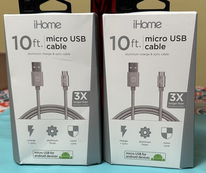 2-PK iHome Nylon, Aluminum Charge & Sync Micro-USB 10ft Gray Cable, New Sealed gallery