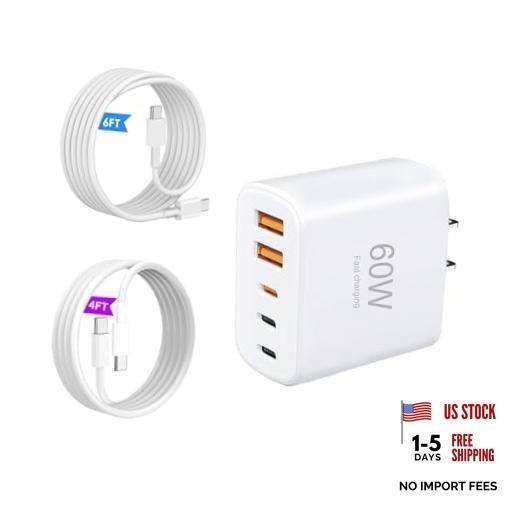 USB C Wall Charger，Multi-Port (3C+2A) Fast Charging Wall Plug with 4FT& 6FT