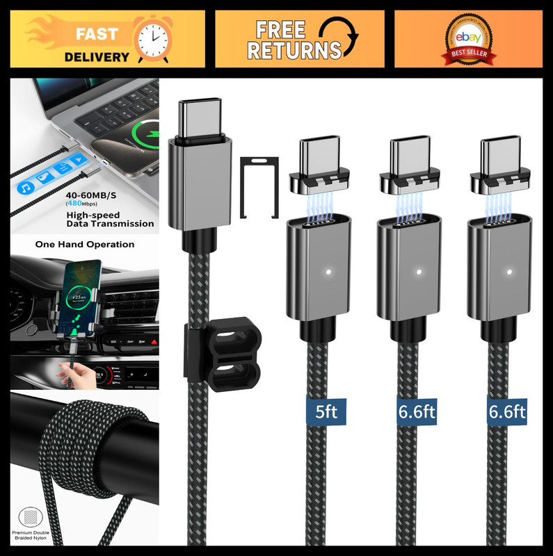 100W USB C Magnetic Charging Cable - 3 Pack (5/6.6FT) Fast Charge & Data Transfe
