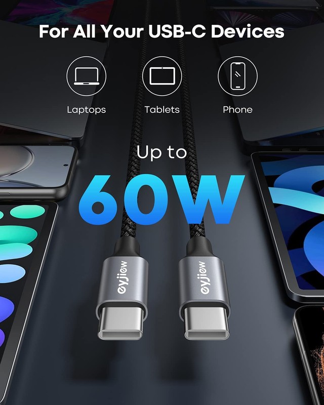 USB C to USB C Cable 12 FT, 2-Pack 60W PD Type C to C Cord Long gallery