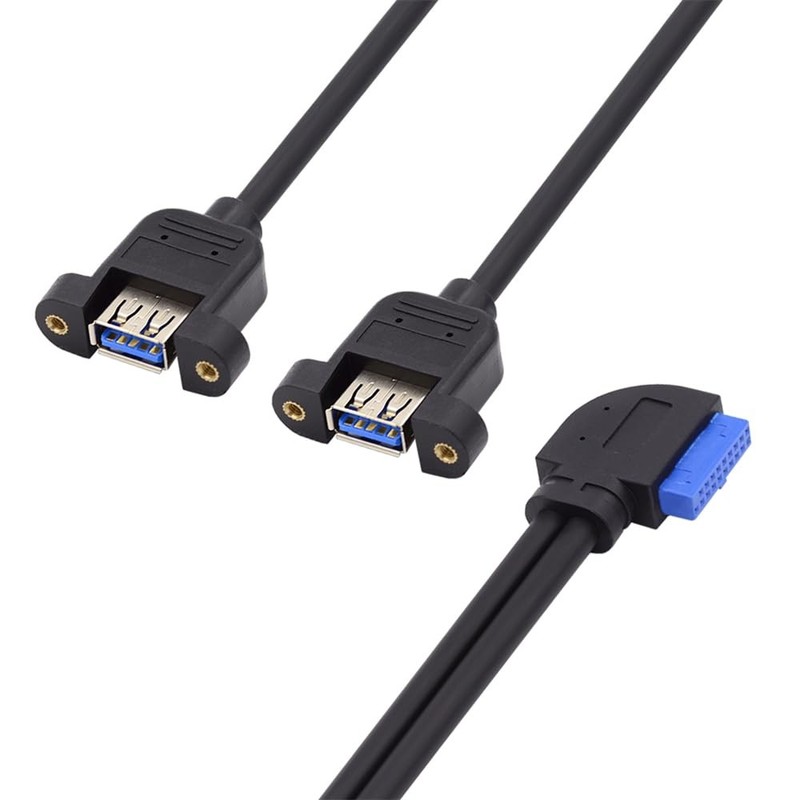 Right Angled 19 20 Pin Header to USB 3.0 Dual Ports Female Screw Mount Cable