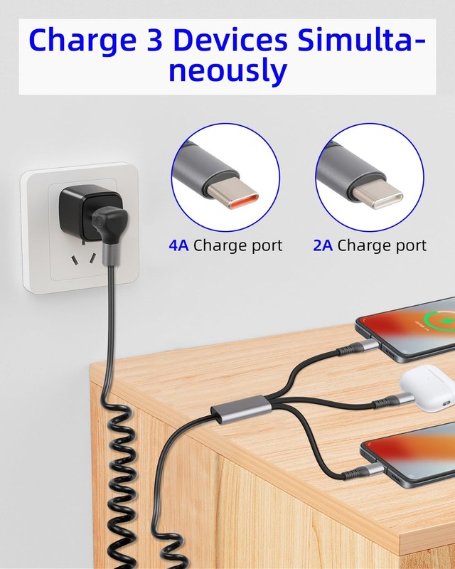 66W Coiled 90 Degree Right Angle Multi USBC 3in1 Charging Y Splitter Cable gallery