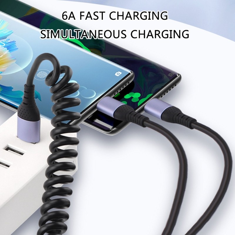 Portable Spring Charging Line for Smartphones/Tablets, MicroUSB + Type C Cable gallery
