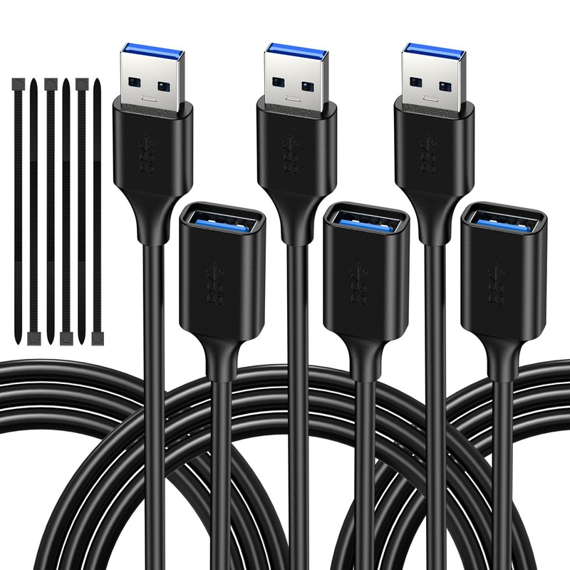 7FT USB 3.0 Extender Cord (3 Pack) – A to Female, with Flash Drive, Hard Driv…